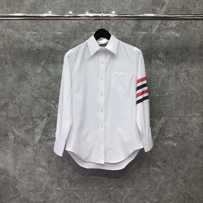 TB THOM Men's Shirt Fashion Top Brand 4-Bar Red Black Stripes Casual Oxford Fine Cotton Long Sleeve High Quality Women's Shirts
