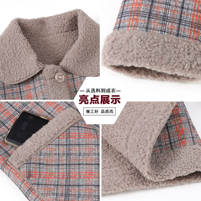 Middle-aged mother's New Splicing Lamb velvet Jacket 2023 Autumn Winter Slim Thick Plaid Coat Short Women's Warm Parkas Outwear