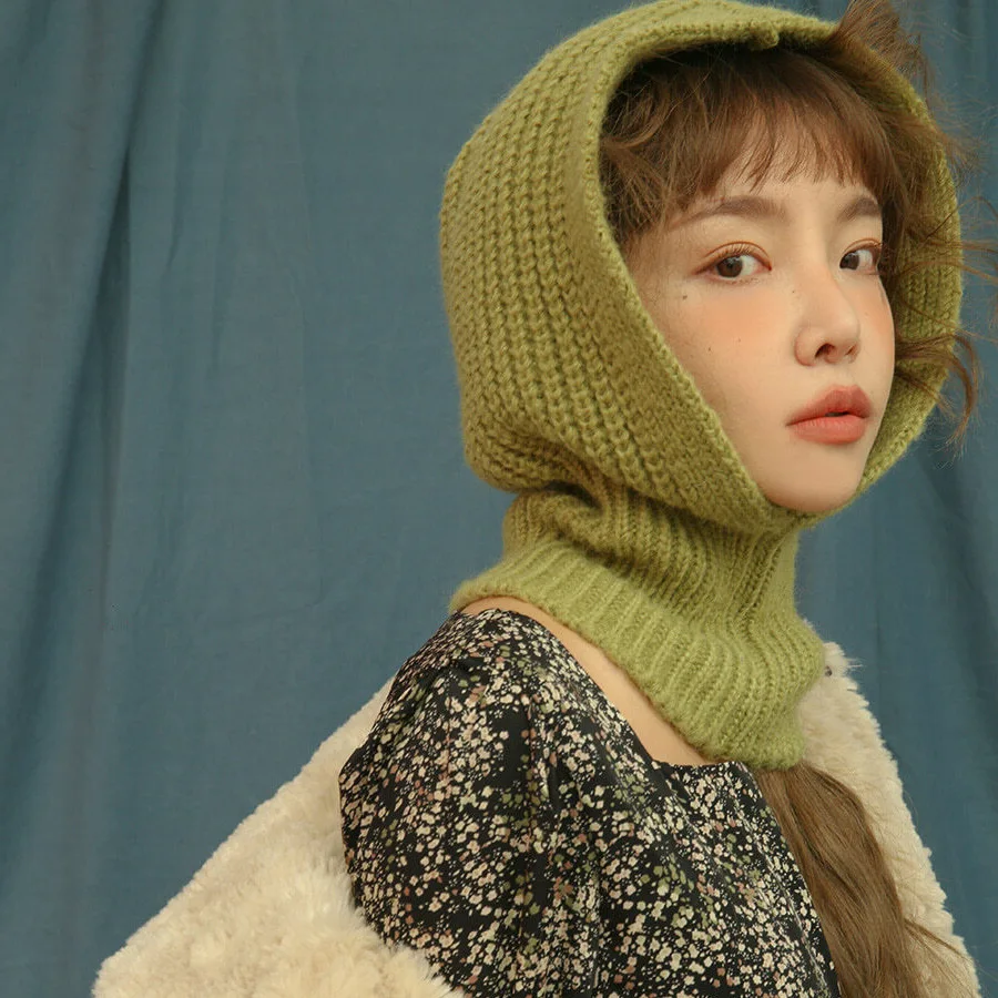 Gorro de pasamontañas de una pieza con cuello coreano para mujer, Gorro de punto con protección para el cuello, moda coreana para invierno