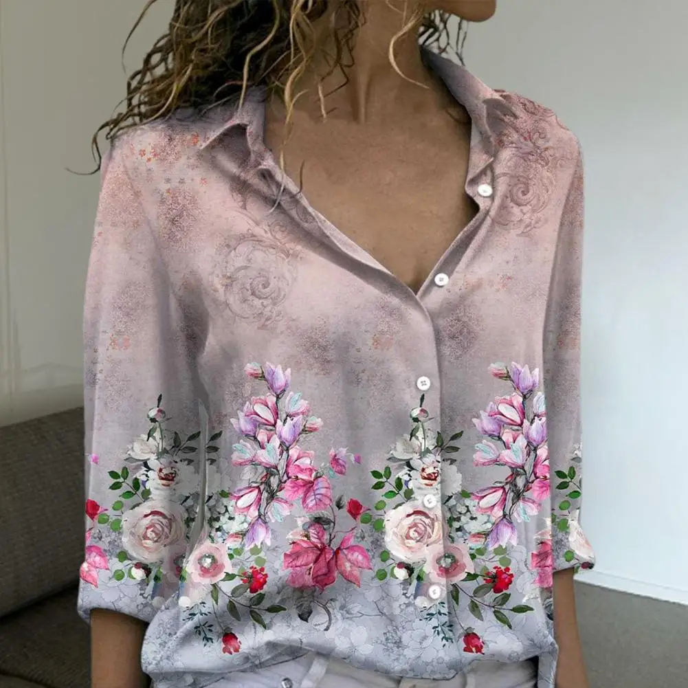 

Женская однобортная рубашка с отложным воротником, дышащая быстросохнущая рубашка с цветочным принтом, удобная универсальная женская блуз...