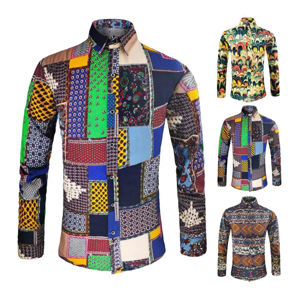 

Рубашка Мужская льняная с длинными рукавами, приталенная, с принтом в этническом стиле, цветная с отложным воротником, на пуговицах, в гавай...