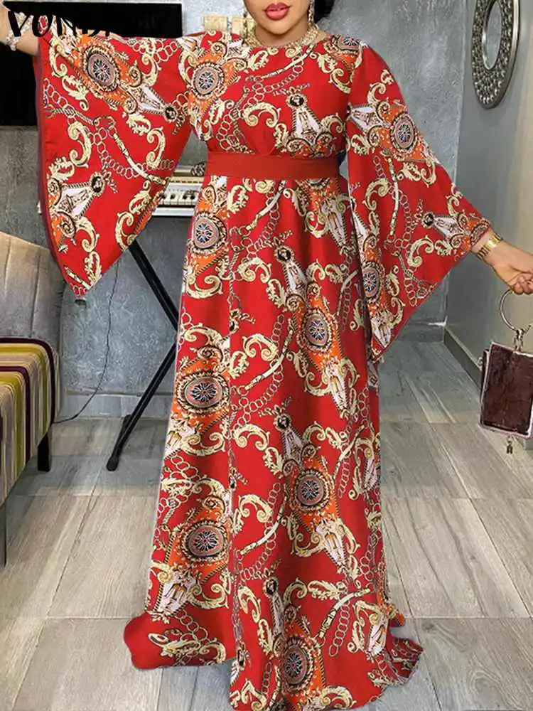 

VONDA Stylish Women Fashion Vestidos Long Sleeve Party Dress Female Casual Vintage Printed Sundress Holiday Maxi Robe Oversized