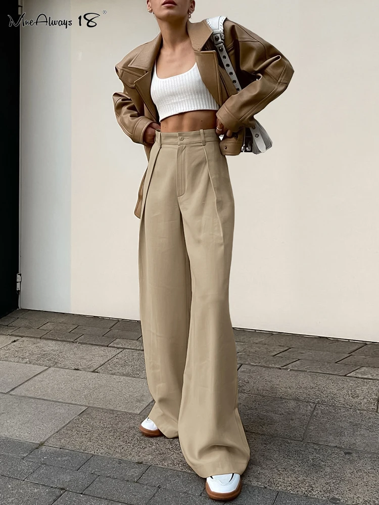 

Mnealways18 Khaki High Waist Loose Wide Leg Pants For Women New Female Floor-Length Suits Pants Office Ladies Long Trousers Chic