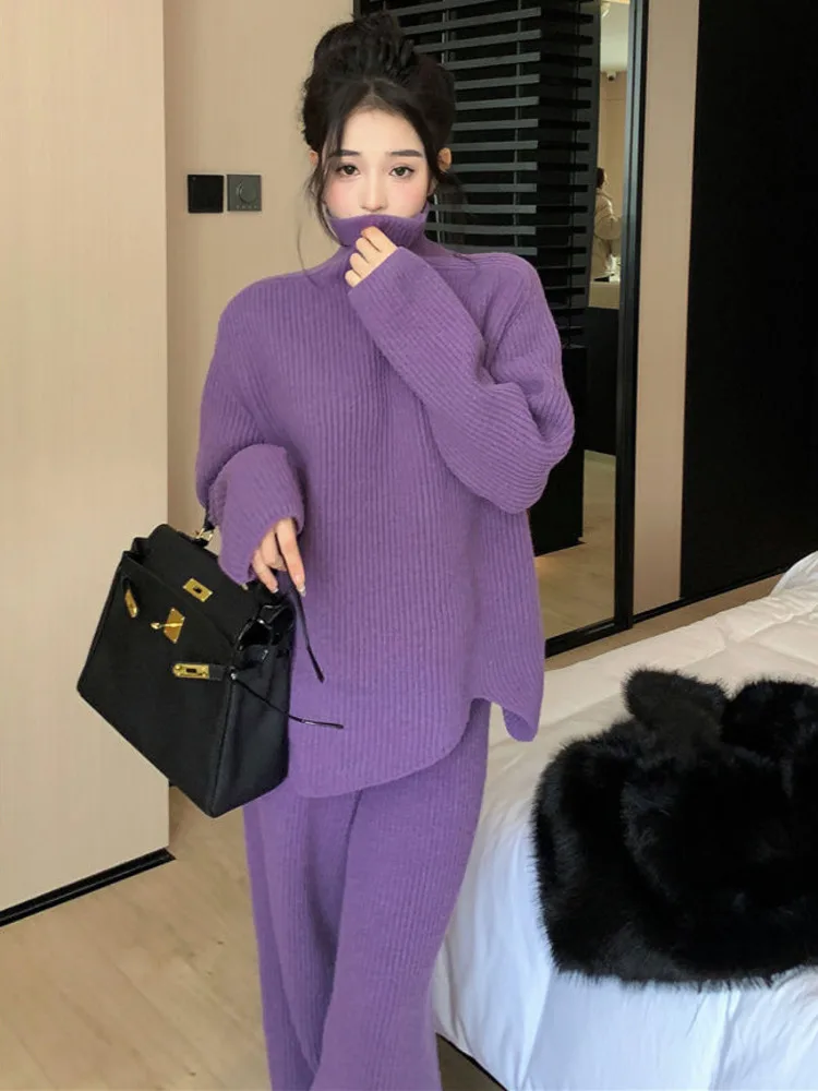 

Женский трикотажный комплект из 2 предметов, свитер и брюки с широкими штанинами