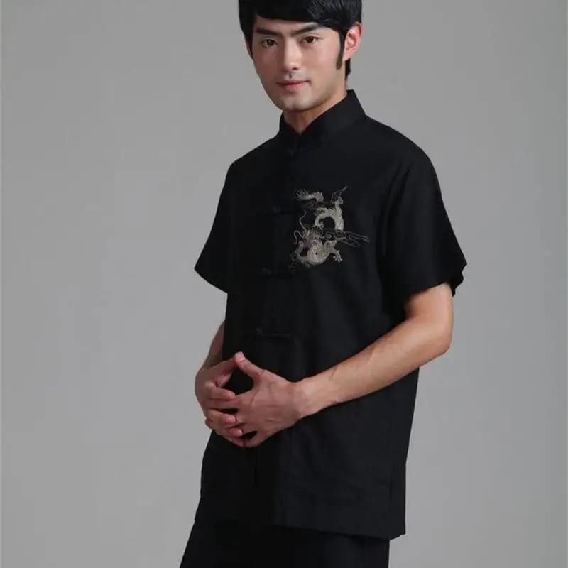 Рубашка с вышивкой дракона для мужчин костюм коротким рукавом Тан