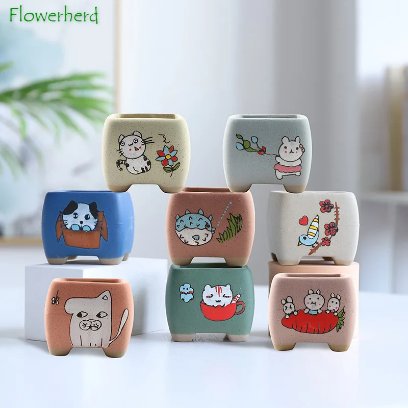 

Cute Cartoon Succulent Flower Pot Ceramic Creative Animal Rough Pottery Pot Breathable Desktop Ornament Plant Pots Decorative
