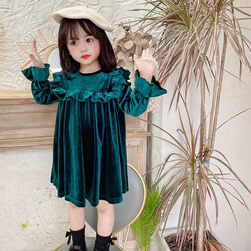

Новинка Весна 2022, детские платья принцессы с оборками для девочек, детская элегантная одежда в стиле ретро, модная однотонная одежда A393