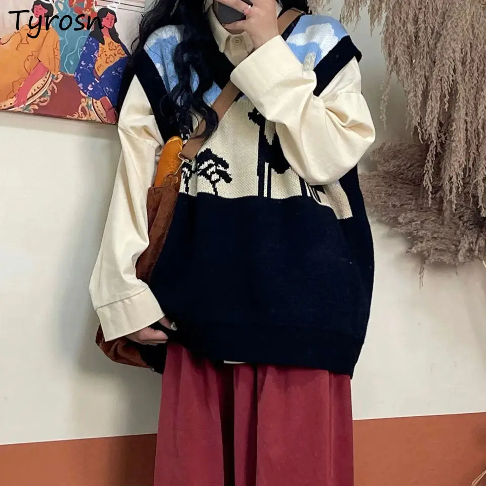 

Женский трикотажный комплект из 2 предметов, свитер и жилет с принтом в стиле ретро, свободная универсальная однобортная рубашка с длинным рукавом в Корейском стиле