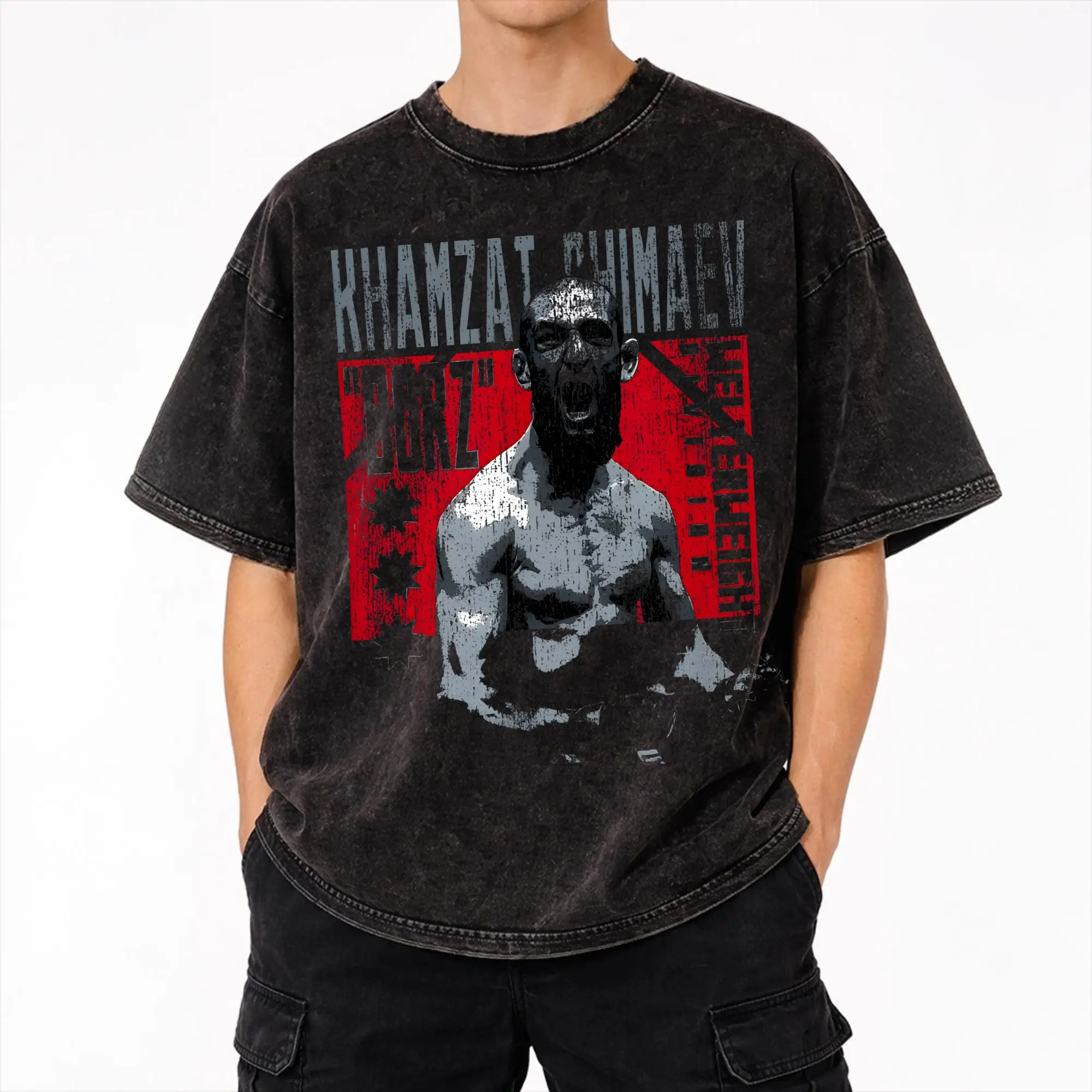 Фото Рубашка Harajuku Washed Shirt Khamzat Chimaev Borz The Wolf, крутые футболки оверсайз, уличная одежда, футболки с короткими рукавами и принтом №1