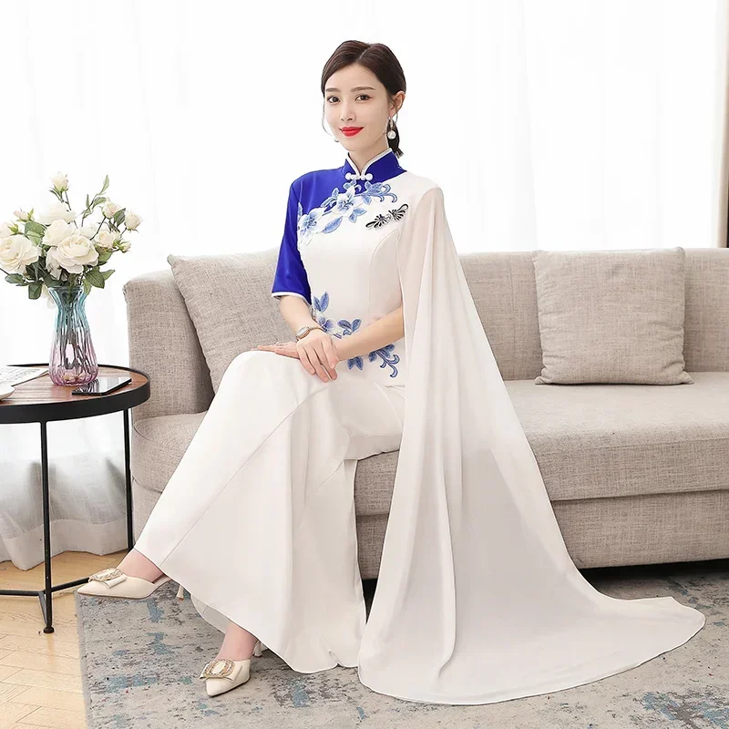 Шифоновое банкетное вечернее платье с вышивкой длинное тонкое китайское