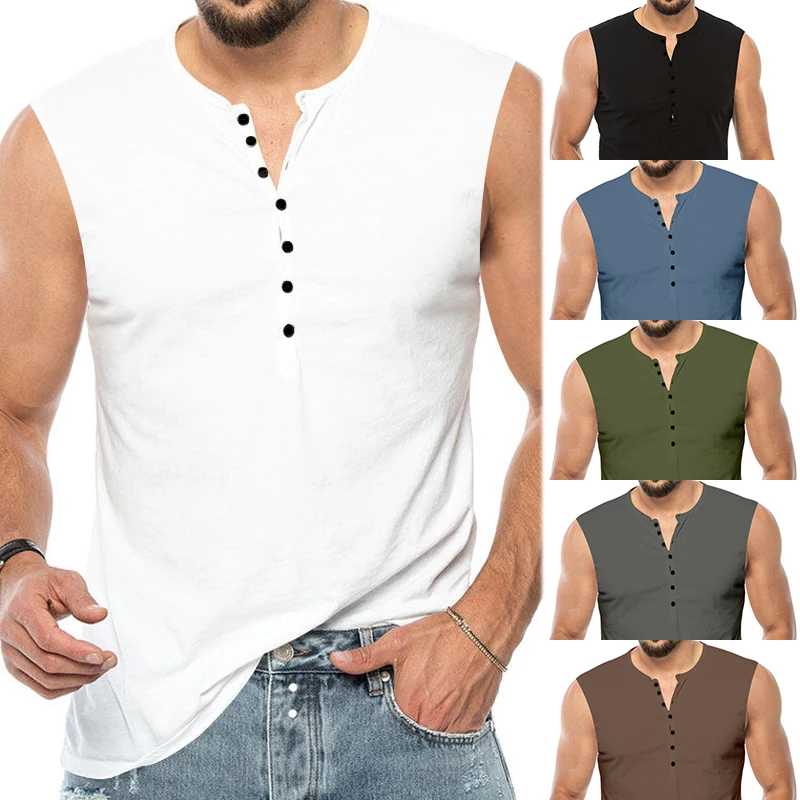 

Foreign trade summer new men's casual Henry seven breasted round neck short sleeved vest