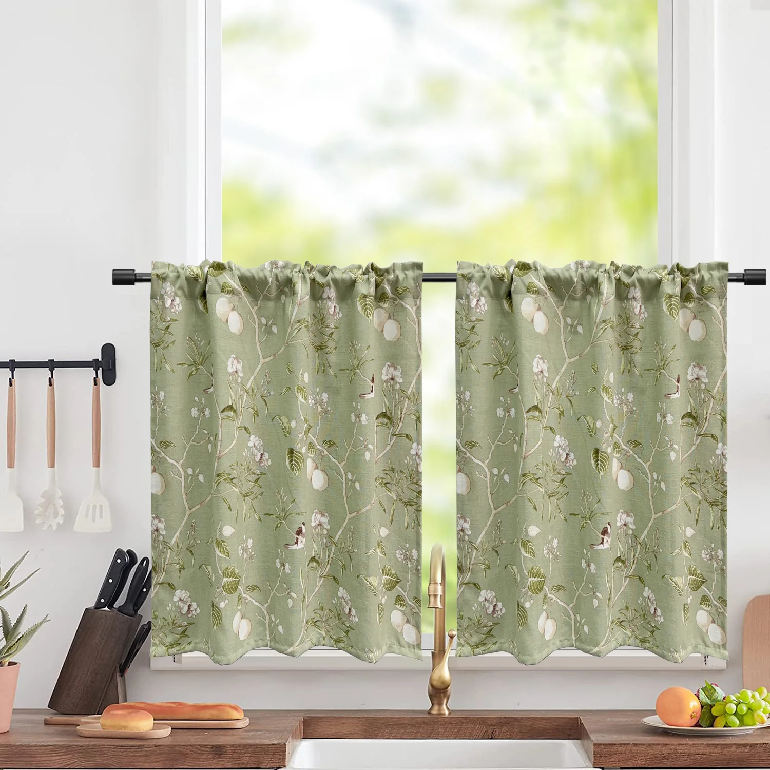 

Semi Blackout Kitchen Short Curtains American Green Plant Birds Cotton Door Drape Linen Small Window Partition Rod Pocket DL145