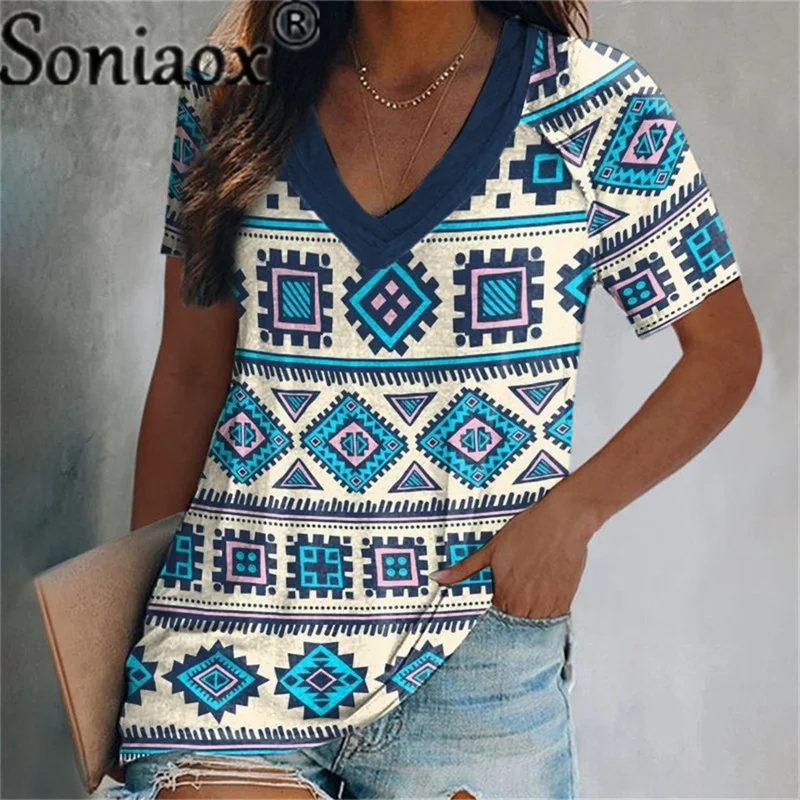 

2022 Spring Summer Women V Neck Geometric Pattern Short Sleeve T-Shirt Ladies Ethnic Style Casual Loose Retro Print Harajuku Top
