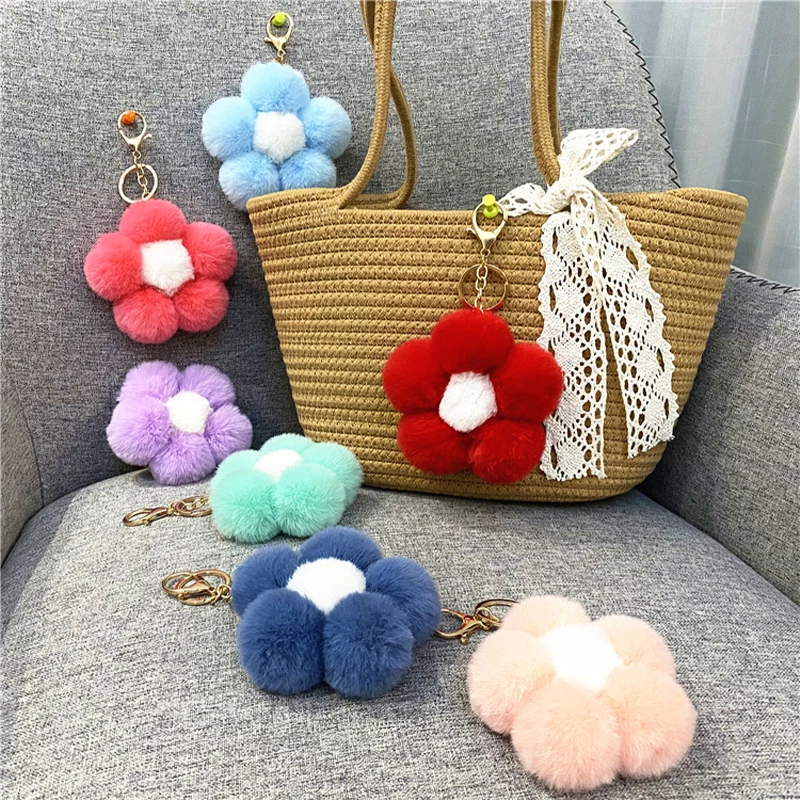 

Creative Flower Hair Ball Keychain Cute Plush Flower Bag Pendant Mobile Phone Accessories Women Car Keyring Gift Jewelry