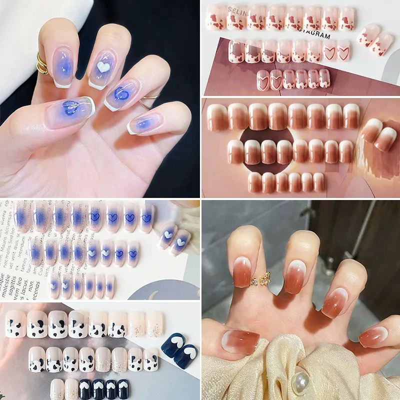 

2022 Fashion 24Pcs/Set Cute Hart Flower Pattern Design False Nail French Stiletto Full Cover Fake Nails Manicure Nail Art Tools