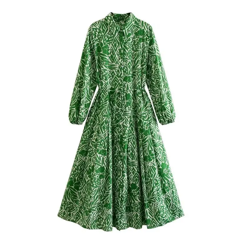 

Женское платье с винтажным принтом, зеленое однобортное длинное платье с отложным воротником, поясом, поясом и длинными рукавами, на весну и осень