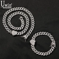Uwin Heart 9mm Miami Cuban Necklace&Bracelet Set Full Iced Out Cubic Zirconia Chain Charm Fashion Hiphop Jewelry For Women