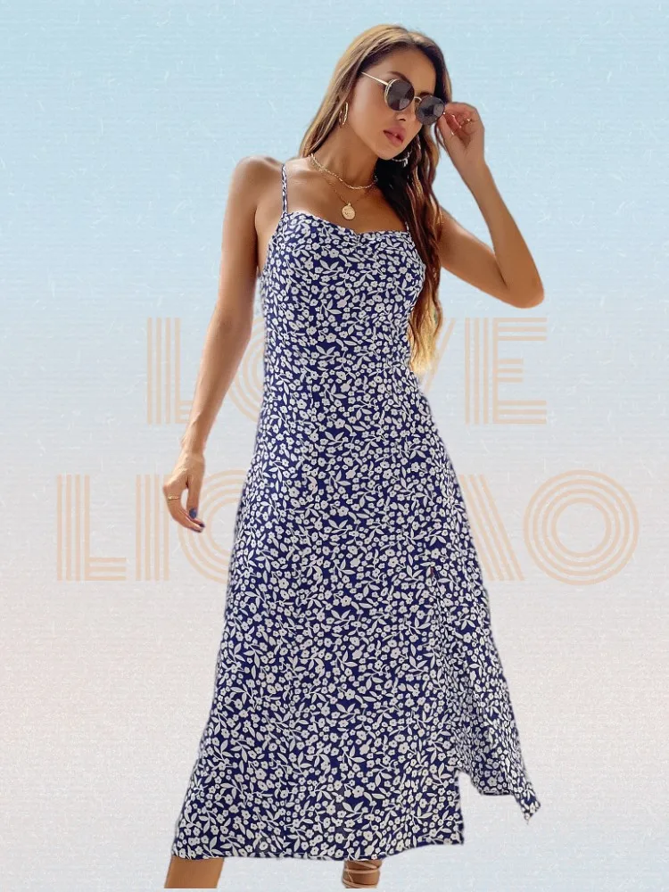 

Bohemian Dress Women Summer New Floral Split-neck Sleeveless Dress Green Printing A-line Ladies Long Dress 2022 Robe Femme