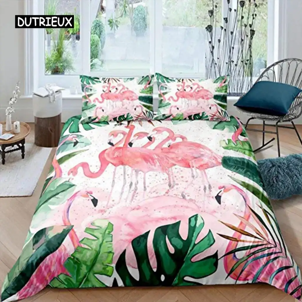 

Flamingo Duvet Cover Palm Leaf King Size Toucan Flamingos Duvet Cover Girls Boy Adult Tropical Botanical Leaves for Living Room