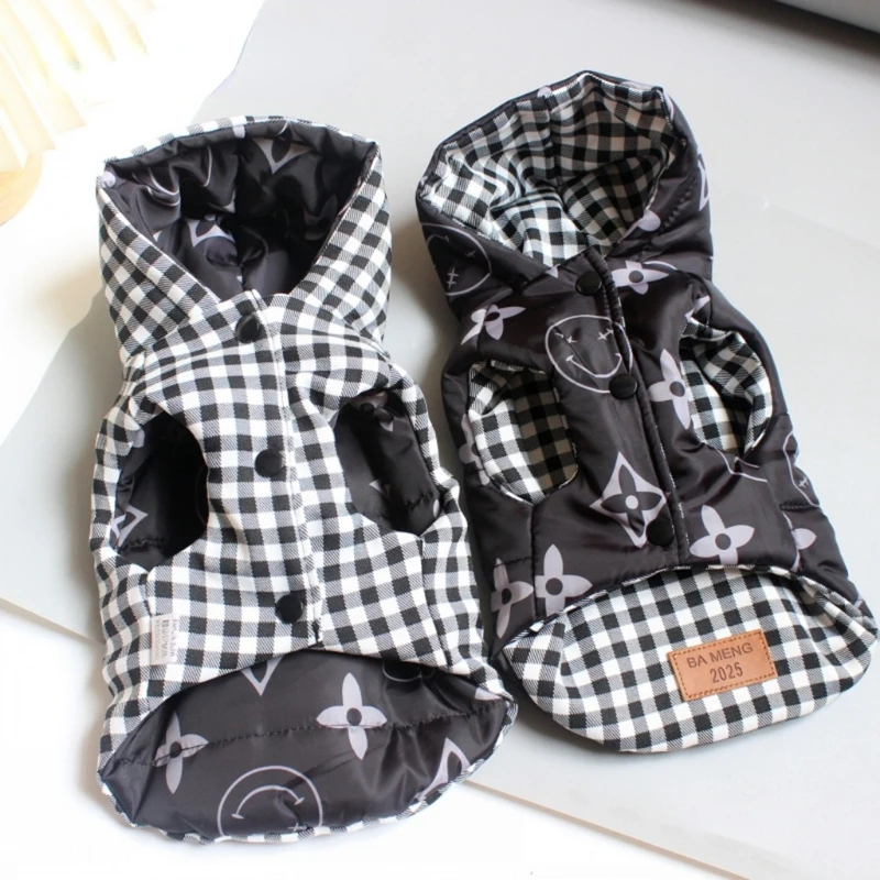 

Одежда для домашних животных, собак, клетчатый пуховик с символами для собак, одежда для кошек, маленький черный модный тренд для мальчиков ...