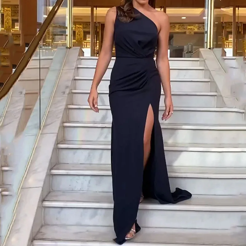 

Ellafads Women Maxi Dress Summer Fashion Solid One Shoulder Sleeveless Slit Irregular Nipped Waist Slim Pleated Evening Dresses