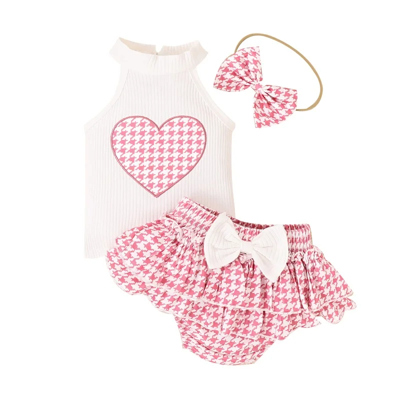 

0-24M Baby Girl 3Pcs Summer Outfits Sleeveless Heart Embroidery Tank Tops + Shorts + Headband Set Infant Clothes