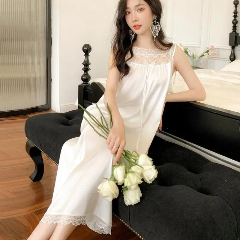 

Lace Strap Nightdress Gown Female Sleepwear Satin Palace Style Nightgown Sexy Sleeveless Sleepdress Summer Long Nightwear