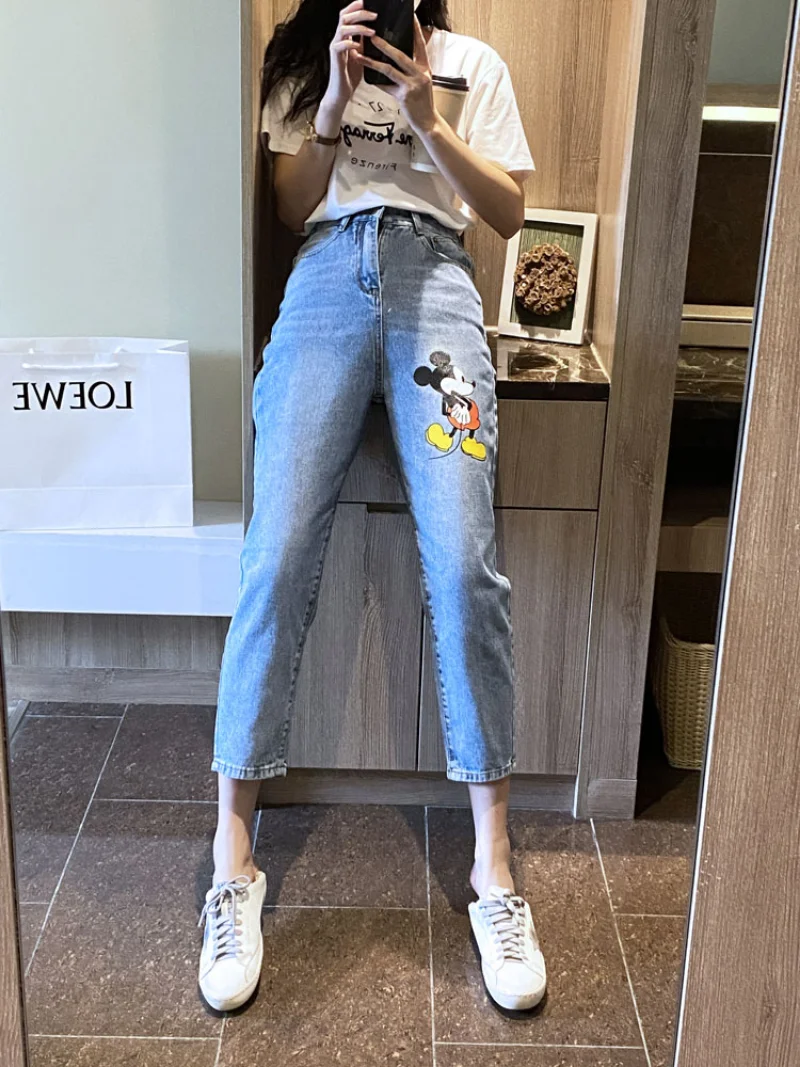 Cartoon Straight Jeans Women's 2023 Early Spring New Trendy Printed Cropped Pants High Waist Loose Slimming Harem Pants Trousers