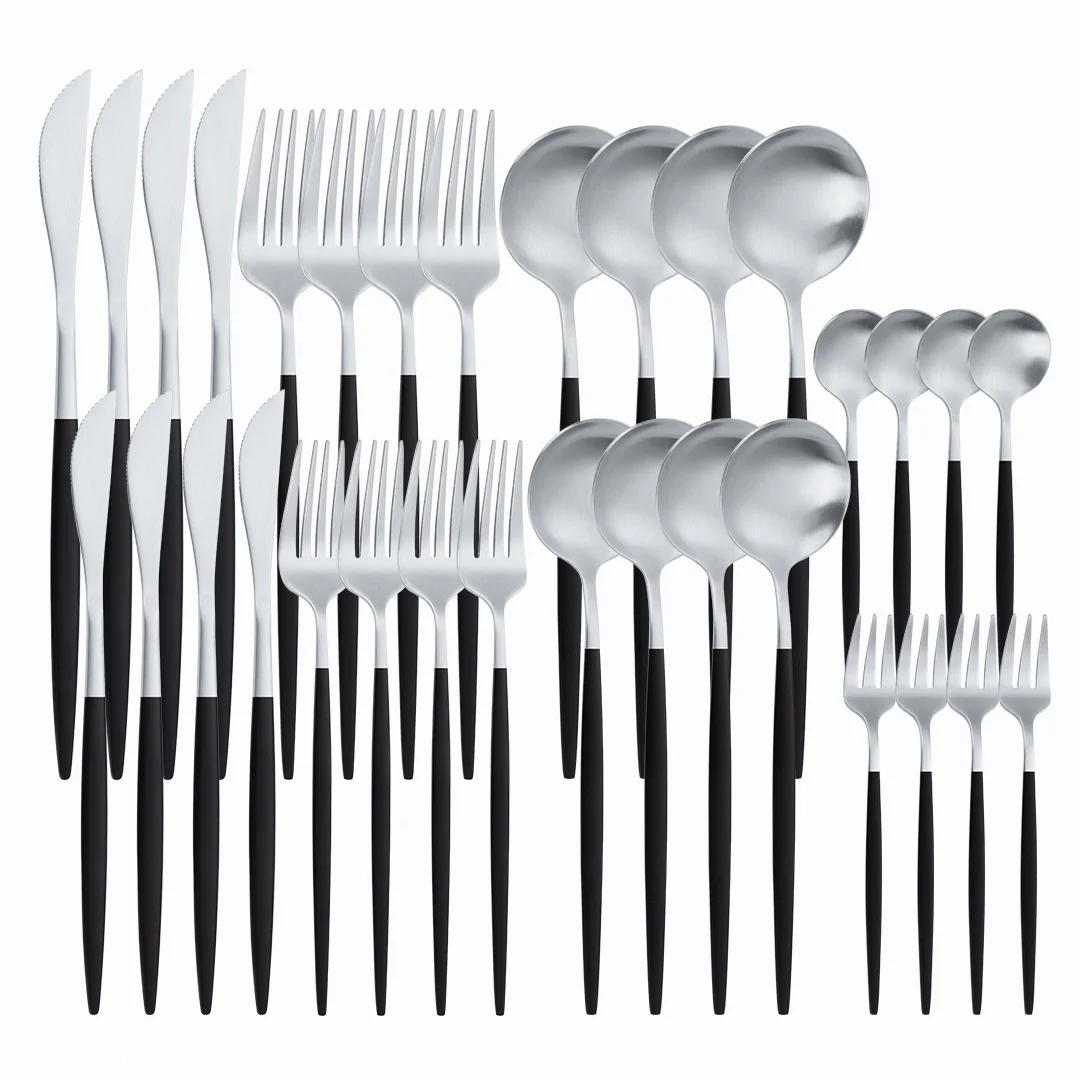 

32Pcs Full Cutlery Set Stainless Steel Black Silver Dinnerware Set Tableware Knives Spoons Forks Kitchen Utensils Flatware Set