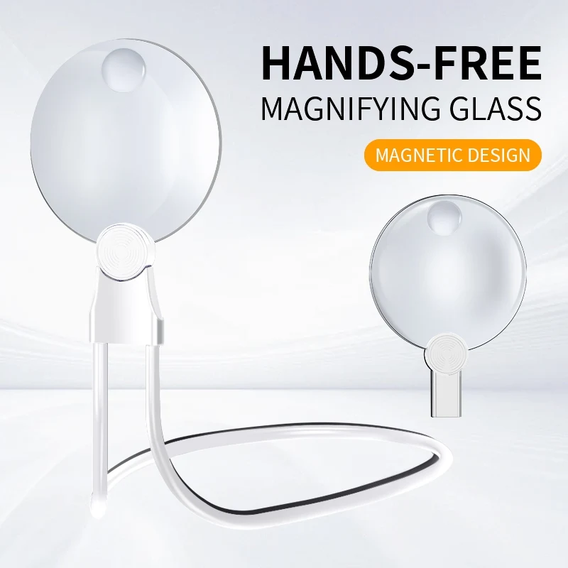 

Увеличительное стекло без помощи рук с шейным ремешком и подставкой, легкая и большая линза с защитой от ушей для чтения, поделок, ремонта (110 мм)