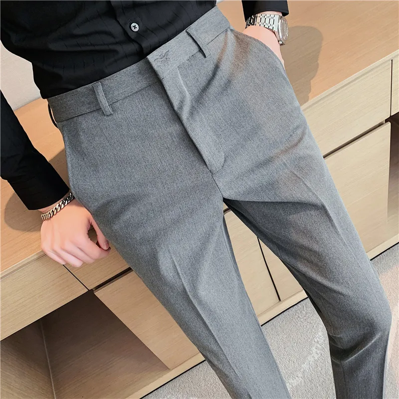

Embroidery Business Dress Pants Solid Color Folds Casual Slim Suit Pants Wedding Office Social Streetwear Trousers Costume Homme