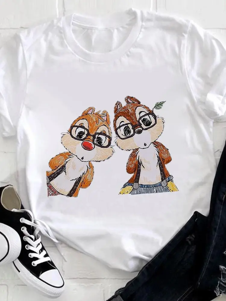 

Women T Shirt Disney Chip 'n' Dale White Print Graphic Cartoon Casual T-Shirt Harajuku All-Match Popular Disney Brand Tshirt