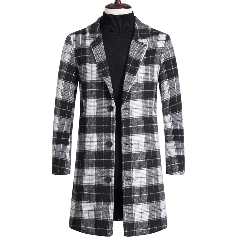 

British style tweed coat men's / winter medium long single breasted business casual Lapel fashion warm men's blend long coat