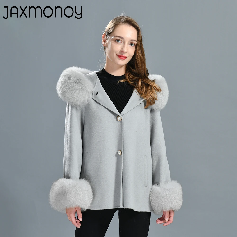 Jaxmonoy Women's Cashmere Coat Real Fox Fur Collar And Cuffs Ladies Long Full Sleeves Solid Color Woolen Trench Coat 2022 New