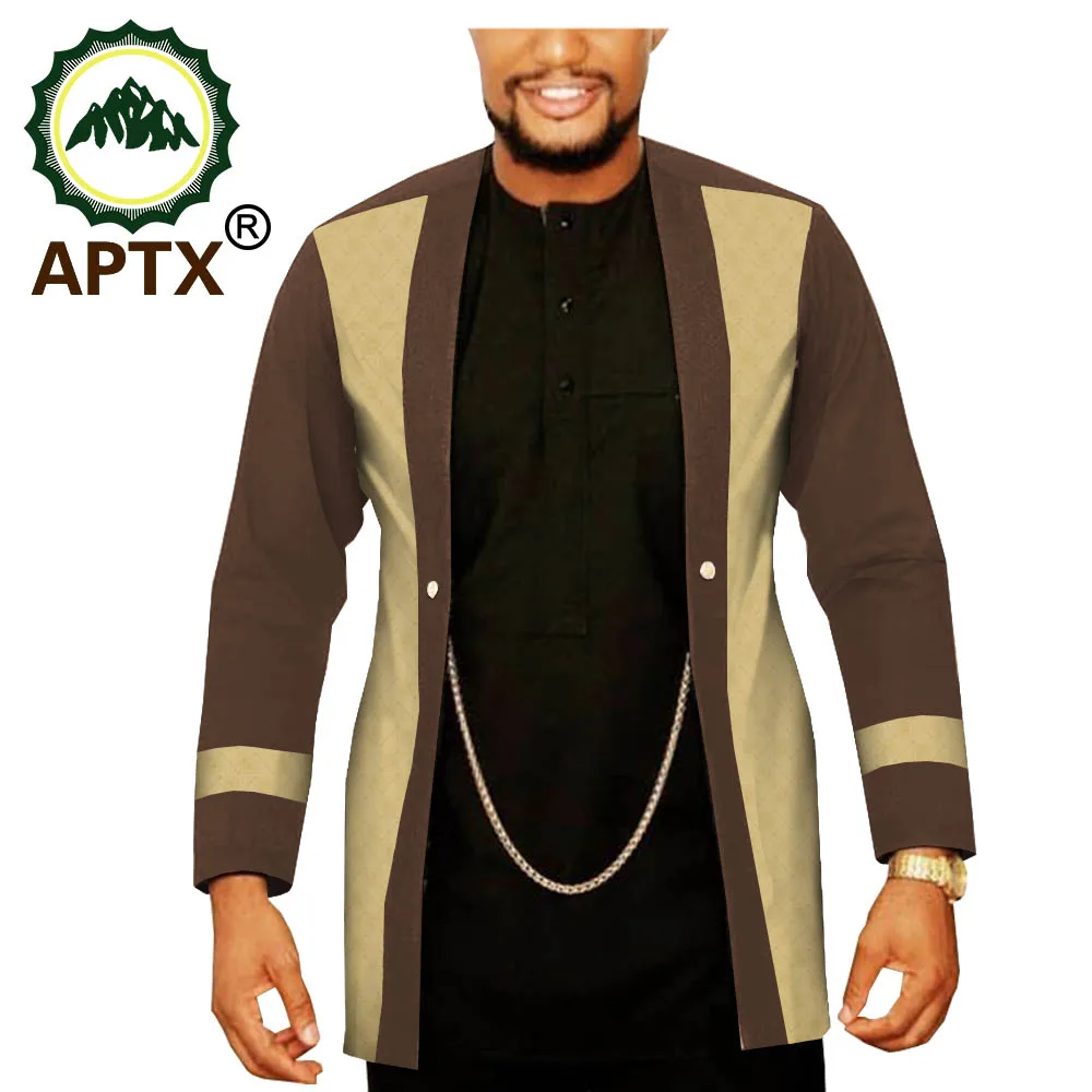 

Customize African Men Clothing Dashiki Coats Open Front Long Sleeve Print Outfits Silver Chain Jacket Outwear TA2014005
