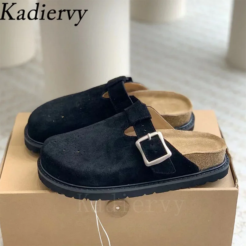 Шлепанцы женские из нубука люксовые туфли на плоской подошве круглый носок