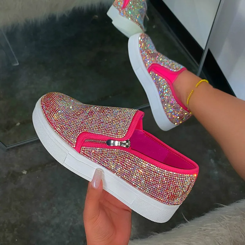 2021 Women Flat Loafers Woman Shinning Crystal Rhinestone Female Autumn Big Size Platform Women's Design Slip On Shoes - купить по