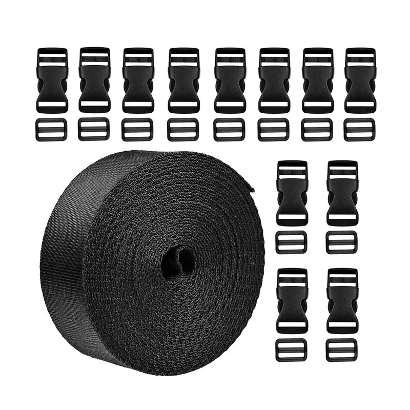 

1 Inch Wide 10 Yards Nylon Webbing Strap+12 Set Plastic 1 Inch Flat Side Release Buckles For DIY Making Luggage Strap
