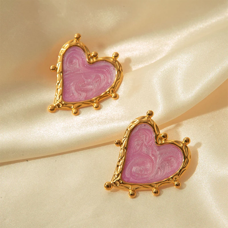 Женские серьги с большим сердцем Нержавеющая сталь. Розовый цвет.