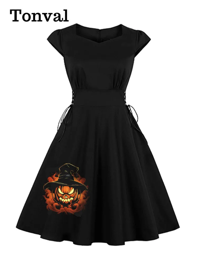 

Женское винтажное платье-корсет Tonval, черное Хлопковое платье в стиле ретро с рукавом-крылышком и принтом тыквы на шнуровке, одежда для Хэллоуина