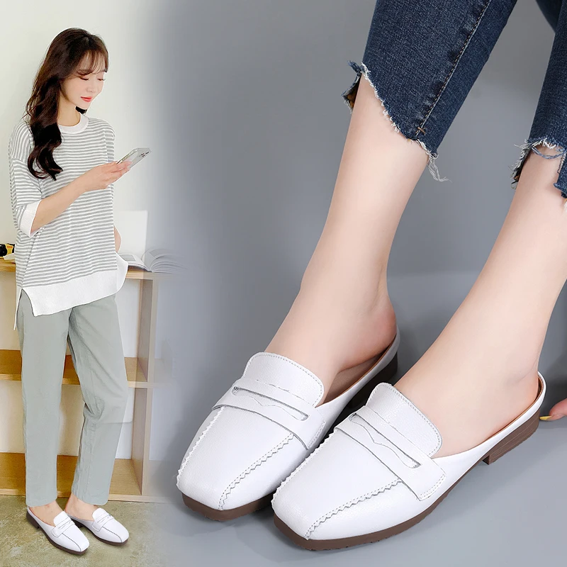 

2022 Summer Women's Mules Genuine Leather Sandals Outdoor Sliper Big Size Office Shoes Slip on Casual Shoes Fashion Walking Shoe