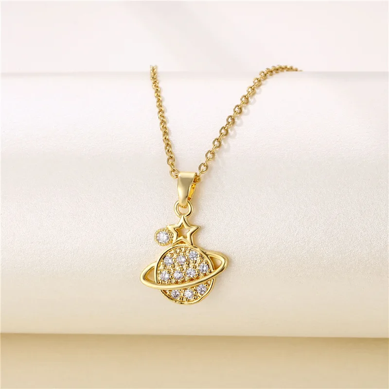 

Y2k Girl Necklace Miniature Mosaic Zircon Punk Style Planet Pendant Fashion Gold Plated Necklace Good Friend Gift