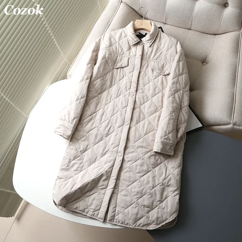 2021 Winter New Korean Style Long Cotton-padded Coat Women's Casual Stand-up Collar Argyle Pattern Oversized Parka Elegant Coat