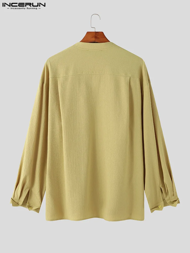 Korean Style New Men's Wrinkled Textured V-neck Blouse Casual Streetwear Male Long-sleeved Button Shirts S-5XL INCERUN Tops 2022