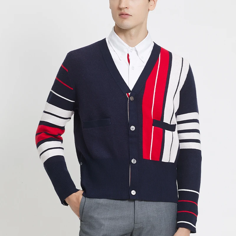 TB THOM Men's Long-Sleeve Cardigan Sweater Soft Knit Sweater for Men Cotton 4-Bar Stripe V-Neck Korean Style Men Sweaters