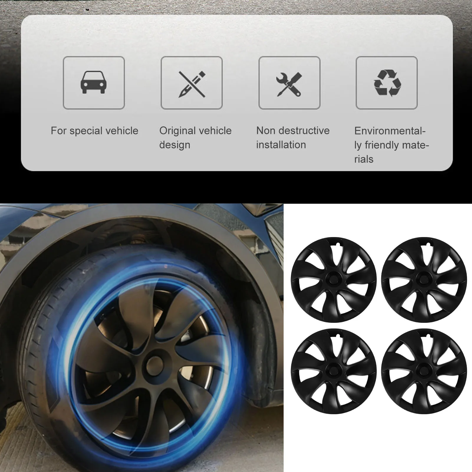 4 шт. 19-дюймовая крышка ступицы колеса матовая черная полностью обернутая