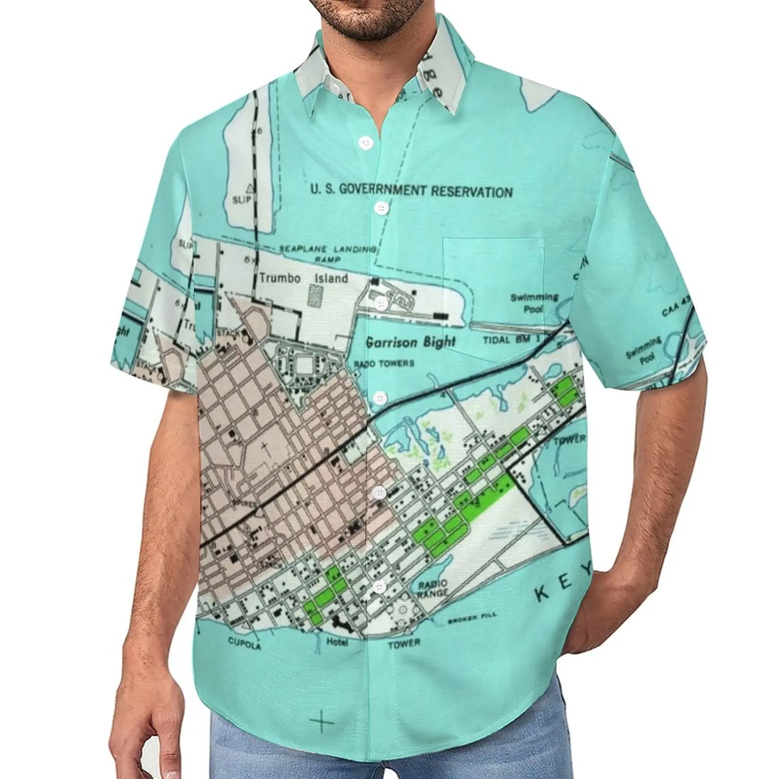 

Vintage Map Print Casual Shirts Key West Florida Beach Shirt Hawaii Streetwear Blouses Men Printed Large Size