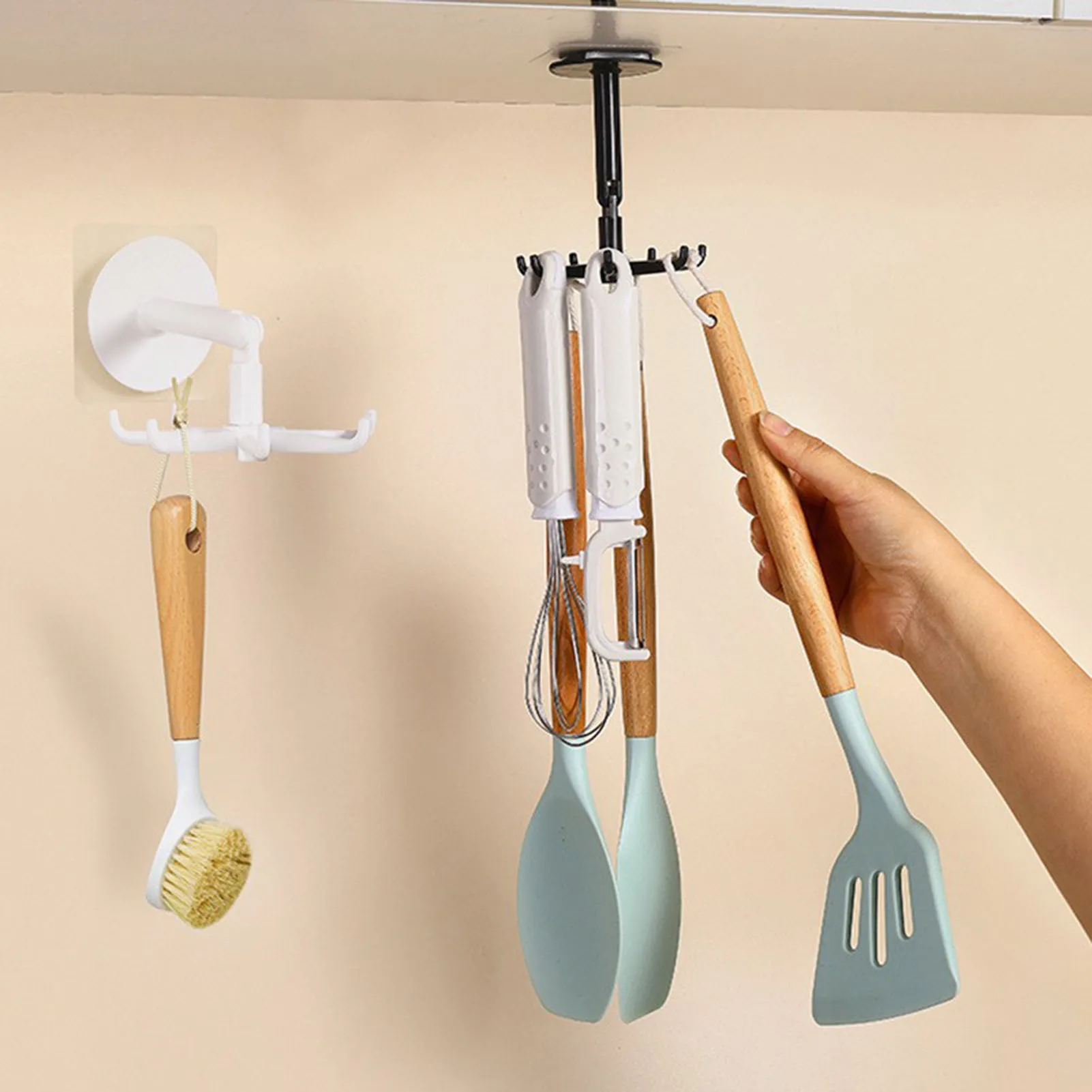 

1/4/10pcs Multifunctional Kitchen 360-degree Rotatable Hooks With 7 Claws Wall Mounted Hanging Self-adhesive Hooks For Bathroom