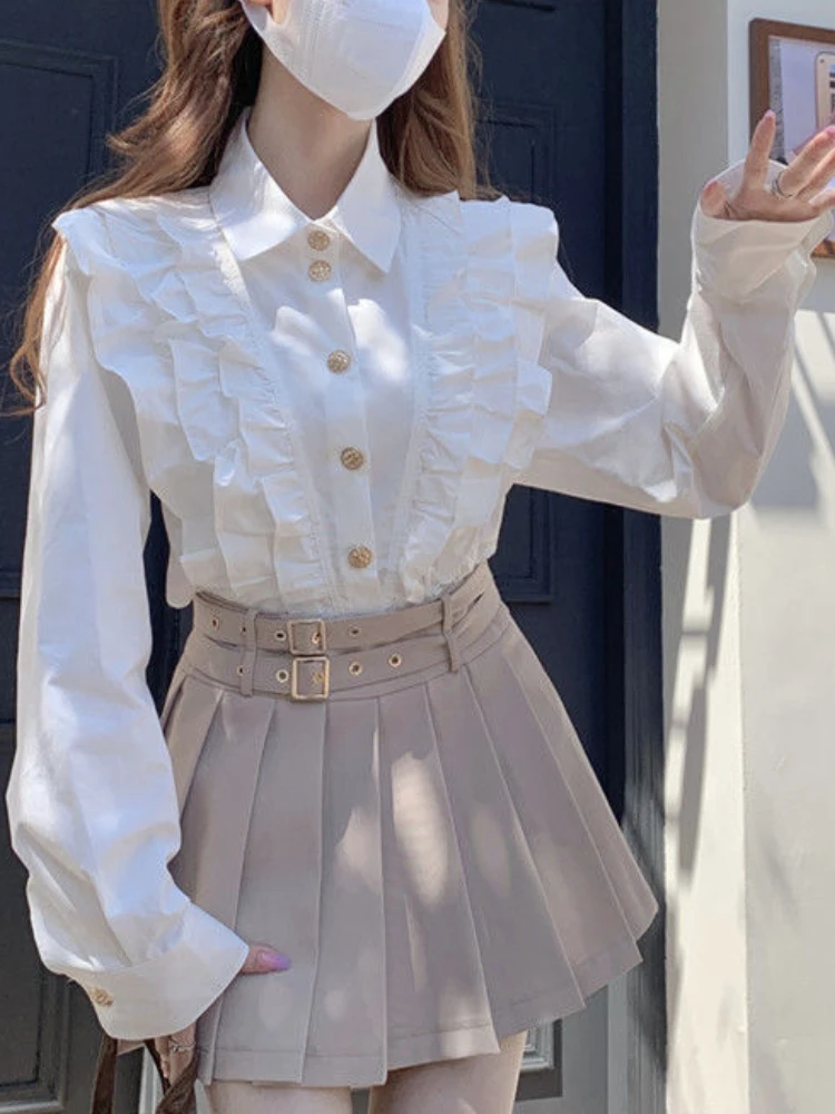 

White Kawaii Elegant Blouse Women College Style Ruffle Sweet Blouse Shirts Female Long Sleeve Button Designer Blouse Autumn 2022