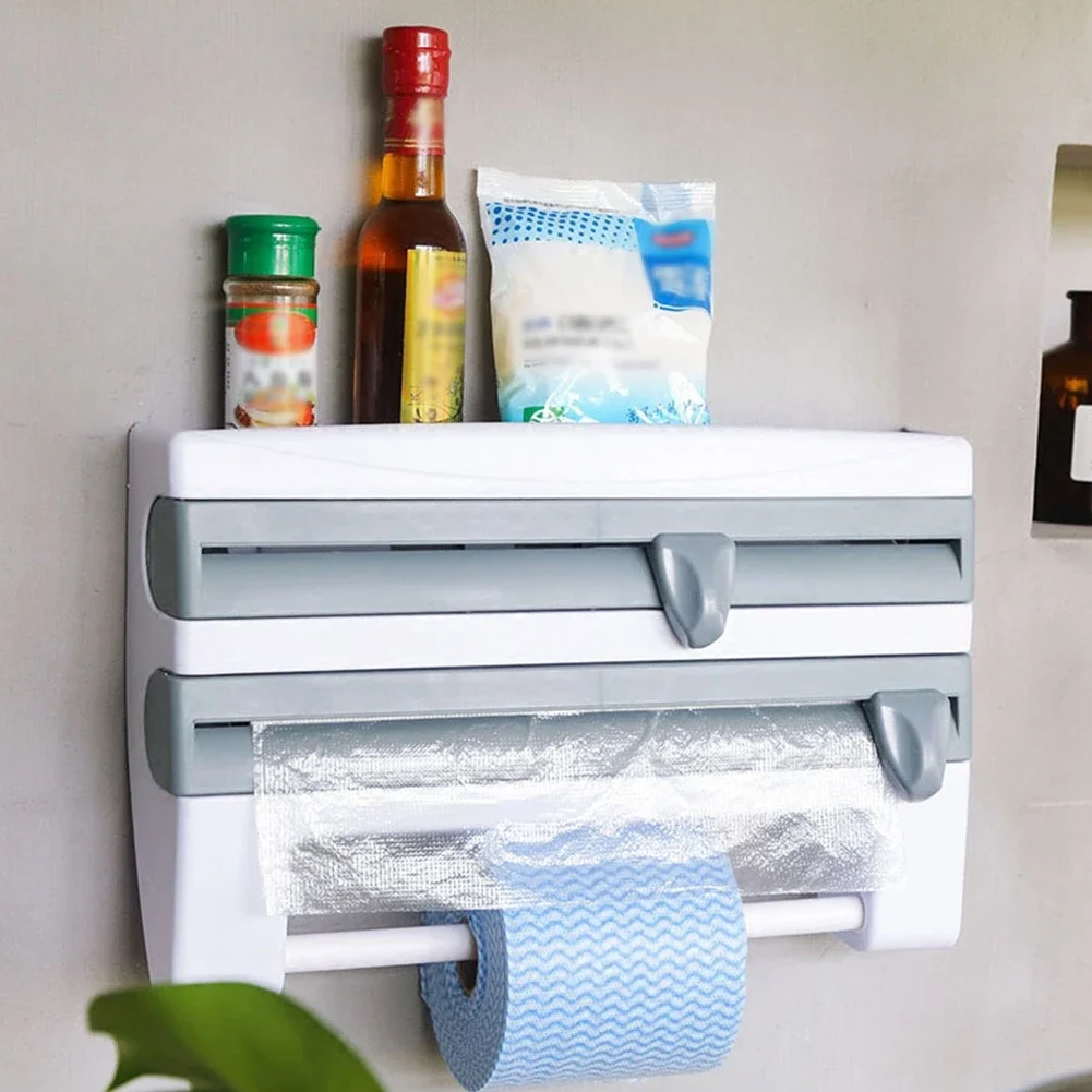 

Organizer Paper Towel Holder 4 In 1 Cling Film Cutting Holder Sauce Bottle Tin Foil Paper Storage Rack Kitchen Shelves